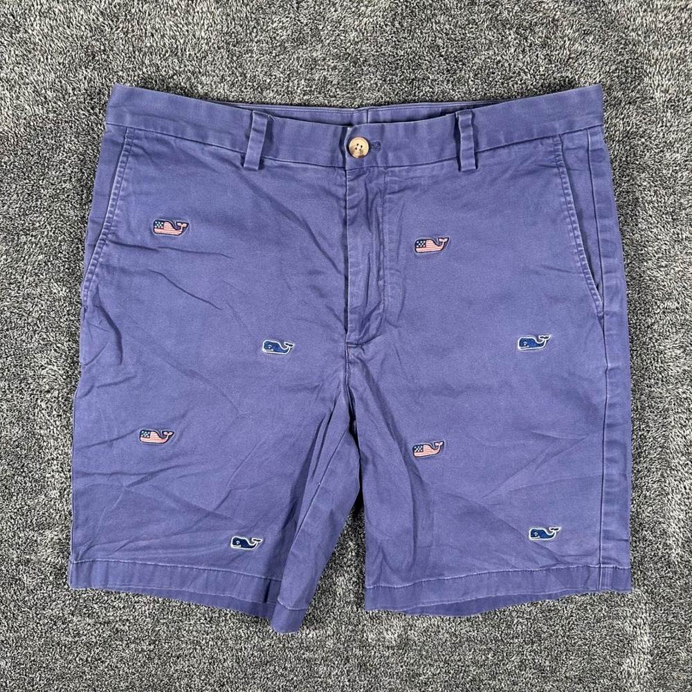 Vineyard Vines Shorts Mens 34 Blue Embroidered American Flag Whale Chino Stretch